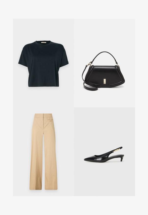Black, short-sleeve t-shirt with a round neckline and loose fit. Made of soft material with a smooth texture and no visible patterns or hardware.; Beige wide-leg pants made of cotton blend fabric. Features a smooth texture, elastic waistband, and a side button detail.; Black leather slingback heels with a pointed toe, featuring a slim heel and a gold-tone accent on the adjustable strap. Smooth texture.; Black leather handbag with a structured design, featuring a cropped shape, top handle, and gold hardware accent. Adjustable shoulder strap included.