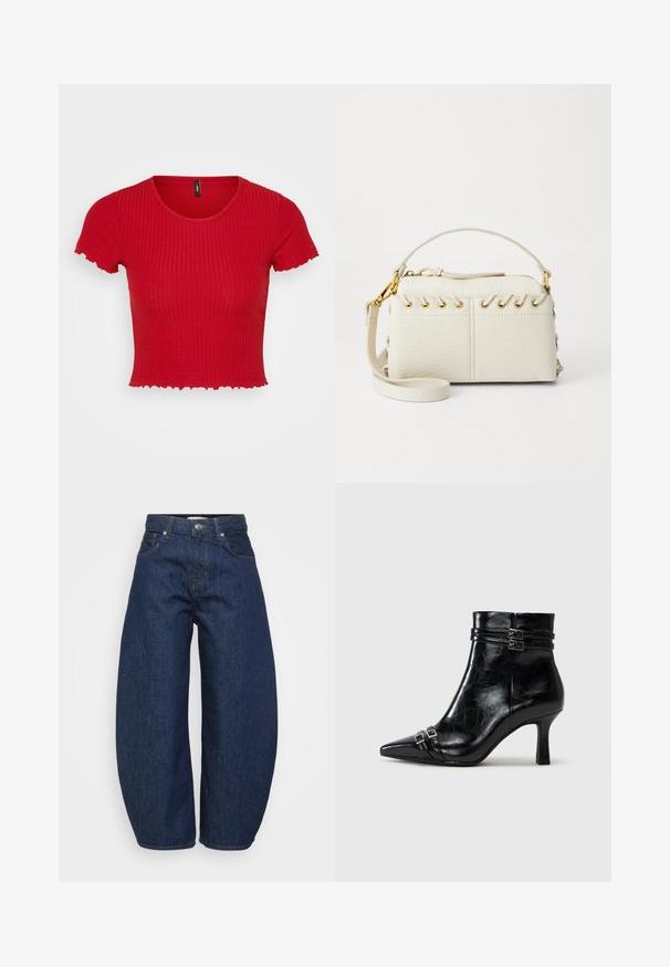 Punainen ribattu lyhyt toppi, jossa on lyhyet, röyhelöidyt hihat ja pyöreä kaula-aukko. Kangas näyttää joustavalta ja tekstuurilliselta, korostaen istuvaa muotoa.; Tummansiniset korkeavyötäröiset farkut, joissa on leveät lahkeet, edessä nappi- ja vetoketjukiinnitys sekä klassinen viiden_taskun malli.; Tamaris Kiilakorkonilkkurit - black; Valkoinen keinonahkainen käsilaukku, jossa on ylhäältä avattava vetoketju, lyhyt kahva ja irrotettava olkahihna, jossa on kultaset yksityiskohdat. Sivupitsitys.; Hopea renkaankorvakoru kiiltävällä pinnalla, jossa on pieniä kultaisia yksityiskohtia ja pyöreä muoto, käytetty korvalla.