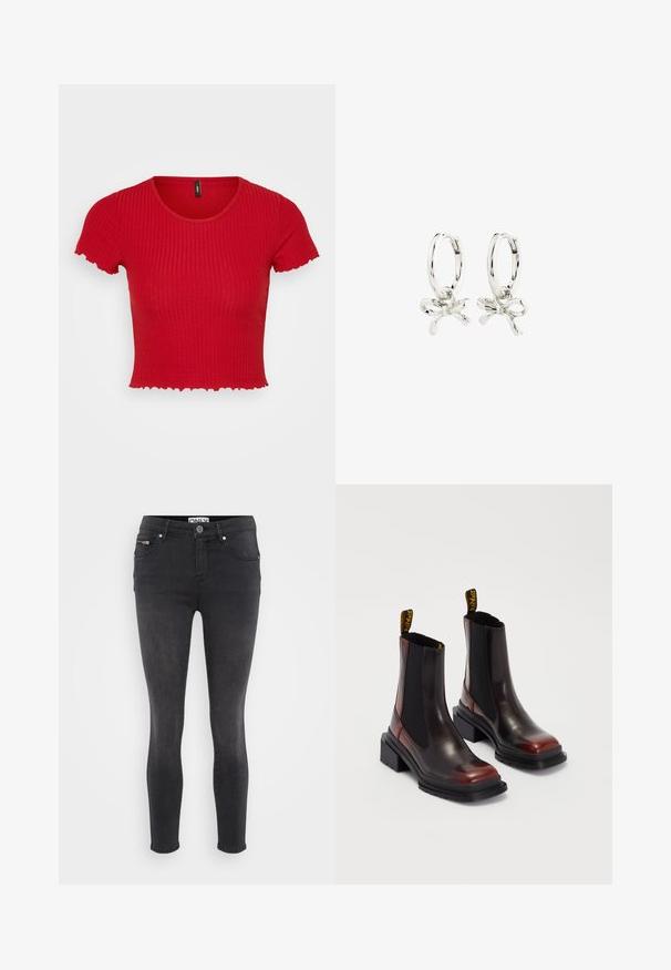 Top corto de canalé rojo con mangas cortas y acampanadas, además de un escote redondo. La tela parece elástica y texturizada, enfatizando el diseño ajustado.; Jeans ajustados negros de denim. Presentan un cierre frontal con botón y un bolsillo con cremallera en la cintura. Textura suave con un desvanecimiento mínimo.; Dr. Martens MAYBOLE CHELSEA - Botines con plataforma - black/cherry red; Pendientes de aro de plata con diseño de lazo, con un acabado suave y una textura pulida. Estilo compacto y minimalista, adecuado para diversas ocasiones.