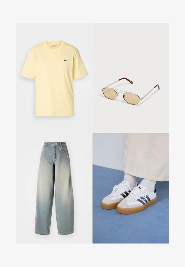 Žlté bavlnené tričko s krátkymi rukávmi a okrúhlym výstrihom. Na hrudi sa nachádza malé zelené vyšívané logo krokodíla.; Svetlomodré riflové nohavice s širokými nohavicami a vyblednutým povrchom. Obsahujú predné vrecká, zapínanie na gombík a jemné logo na páske.; Biele tenisky s čiernymi pruhmi a béžovými semišovými detailmi. Majú textúrovanú gumovú podrážku a ploché biele šnúrky, kombinované s svetlými ponožkami.; Kovové slnečné okuliare s oválnymi, svetlohnedými tónovanými sklami. Úzky strieborný rám so štruktúrovanými akcentmi a červenohnedými koncami na ramenách.