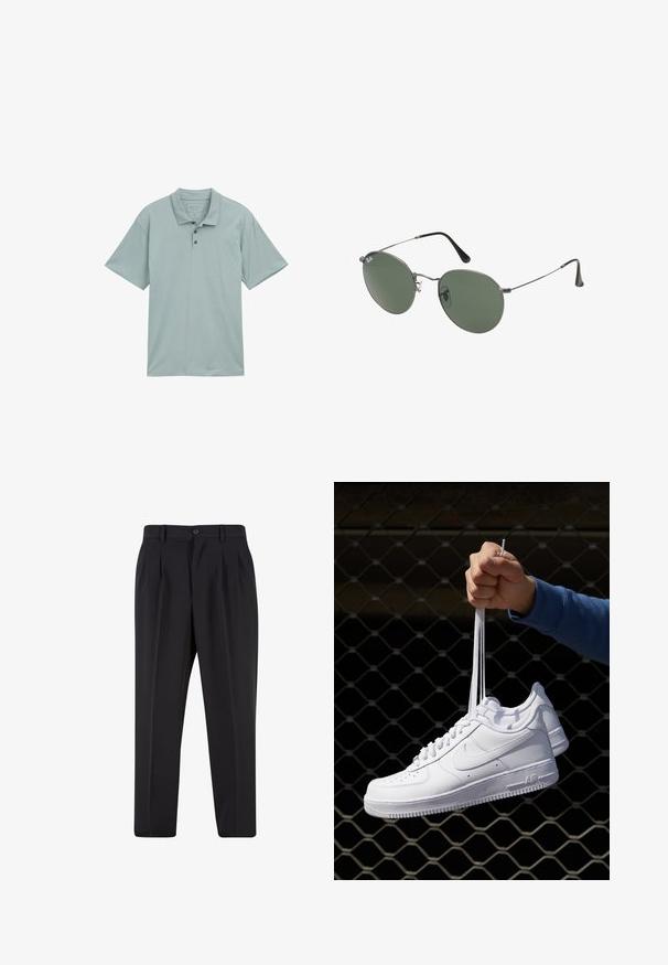 Světle modrý polotriko vyrobené z měkké tkaniny, s klasickým límečkem, krátkými rukávy, třemi knoflíky a jednoduchým designem bez vzorů.; Černé kalhoty s plisovaným předním designem, vyrobené z hladké tkaniny. Obsahují zapínání na knoflík a poutka na opasek; rovný střih.; Bílé kožené tenisky s perforacemi, kulatou špičkou, plochou podrážkou a silnými tkaničkami, které mají viditelné logo swoosh a nápis "AIR" na patě.; Sluneční brýle s kovovým rámem a oválnými zelenými skly. Tenký stříbrný kovový rám a černé chrániče uší. Minimalistický design, žádné viditelné logo.