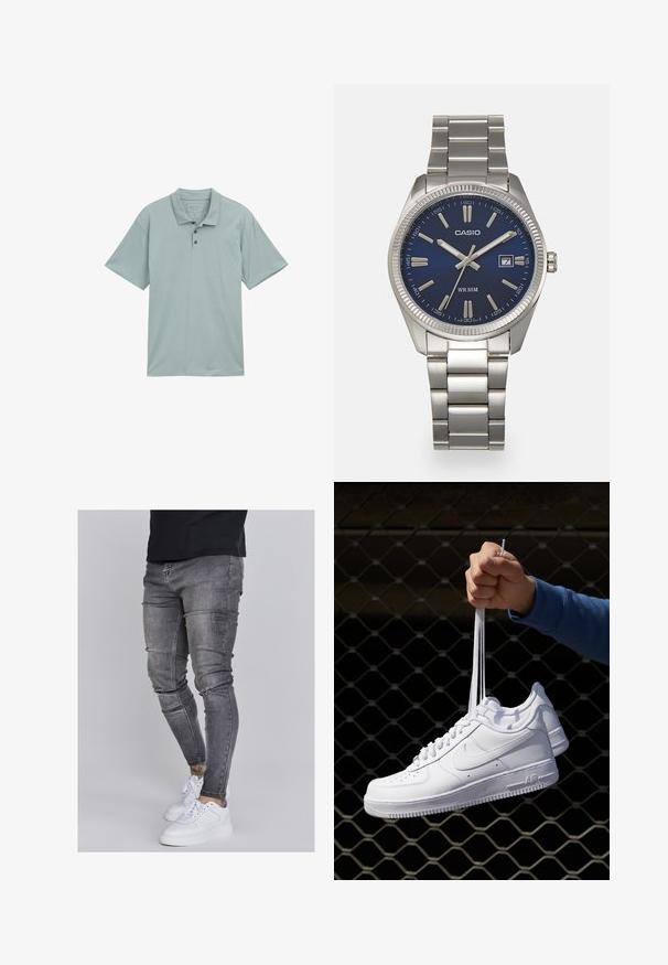 Helesin roheline polo-särk, mis on valmistatud pehmest kangast, sisaldab klassikalist kraed, lühikesi varrukaid, kolme nuppu ja lihtsat, mustrita disaini.; Kitsad teksad tuhmhall denimil, millel on kulunud detailid põlvedes, koos valgete tossudega. Sile tekstuur, kitsas lõige.; Valged nahast tennisetossud, millel on perforatsioonid, ümar nina, lame tallus ja paksud nöörid, nähtava swooshi logoga ja "AIR" kontsadel.; Hõbedane roostevabast terasest käekell, tumesinise lõpliku, metallsete tuntud numbrite ja kuupäevanäidikuga kell 3 juures. Veekindel kuni 50 meetrit.