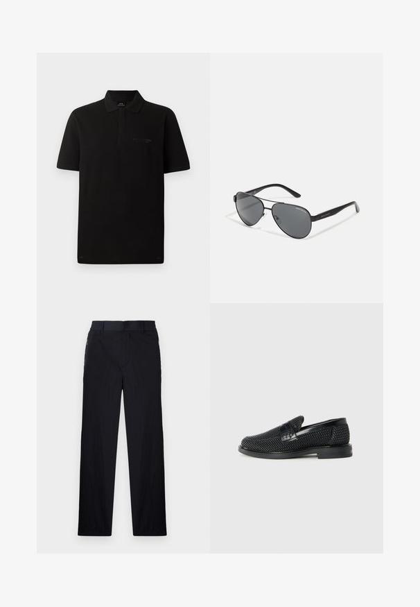 Svart bomullspolo med korte ermer, tre knappelukking, og subtilt brodert logo på venstre bryst. Glatt tekstur.; Sorte bukser med lett og teksturert stoff, rett ben-design, elastisk midjebånd og sidelommer med glidelås.; Sorte vevde slip-on sko med en glatt lærdetalj på overdelen, design med rund tå og en lavprofil gummisåle.; Svarte pilotbriller med mørke linser, tynn metallramme og slanke plastarmer med logo aksenter.