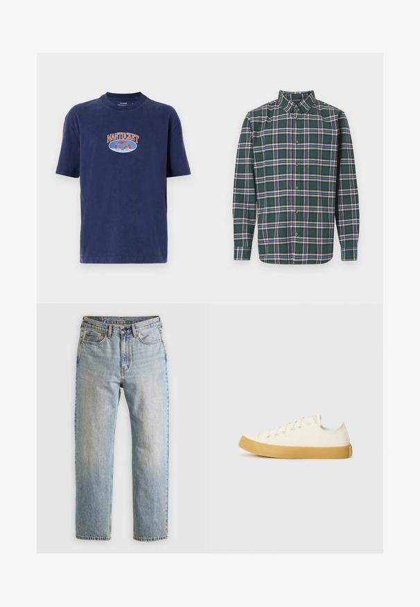 Modrá bavlněná tričko s kulatým výstřihem, krátkými rukávy, se textem "NANTUCKET" a grafikou velryby v oranžové a modré výšivce.; Zelená flanelová košile s kostkovaným vzorem, která obsahuje modré, bílé a hořčičně žluté pruhy. Zapínání na knoflíky a špičatý límec. Dlouhé rukávy.; Svetle modré džíny z denimu s vysokým pasem, předním knoflíkem, zipem a designem s pěti kapsami, ležící rovně na neutrálním pozadí.; Plátěné tenisky v krémové barvě s kulatou špičkou, s béžovými gumovými podešvami a pěti očky na tkaničky, texturovaný povrch horní části.