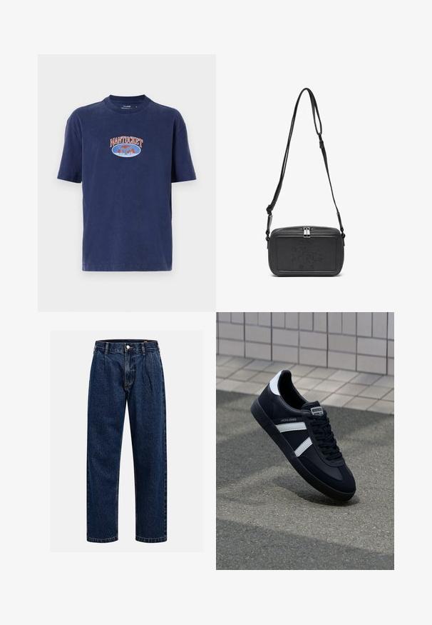 Tumši zila kokvilnas T-kreklu ar apaļu kakla izgriezumu, īsām piedurknēm, kuram ir "NANTUCKET" teksts un ziloņa attēls oranžā un zilā izšuvumā.; Tumši zilie džinsu bikses ar taisna kāju dizainu. Iezīmējas redzamas šuves, pogu aizdare un priekšējie gurni papildu detaļām.; Melnā ādas sporta apavi ar baltām svītrām, teksturēta gumijas zole un auklu aizdare. Iekļauj zīmola etiķeti uz mēles.; Melna ādas soma uz pleca ar zīmolu, slēdzamu rāvējslēdzēju un regulējamu siksnu. Gluda tekstūra un taisnstūru forma.