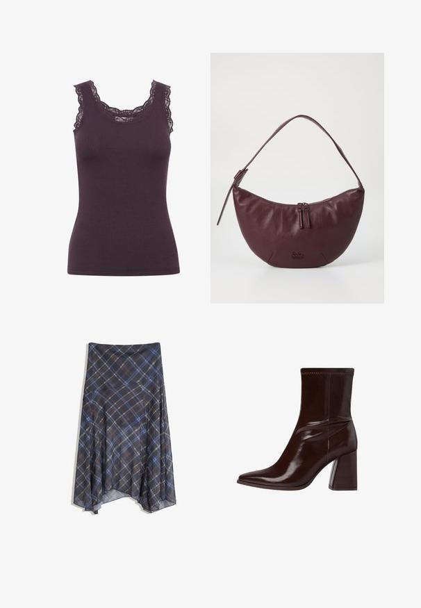 Tumman violetin värinen ribbattu hihaton paita, jossa on pyöreä kaula-aukko ja monimutkaiset pitsiyksityiskohdat reunassa, sekä istuva siluetti.; Mustahuivi hame, jossa on sinisiä ja ruskeita viivoja, virtaava muotoilu, keskipituinen, valmistettu kevyestä kankaasta, jolla on sileä texuuri.; Ruske patentkožne gležnjače s šiljastim vrhom, elastičnim gležnjem i masivnim blok petom. Elegantni dizajn s glatkom teksturom.; Bordeaux-värinen nahkalaukku, jossa on kaareva muotoilu. Laukussa on vetoketjukiinnitys, kaksi vetoketjun vetäjää ja lyhyt olkahihna. Yksityiskohtia ovat kohokuvioitu logo.