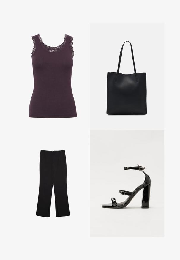 Mörk lila ribbad linne med rundad halsringning och intrikata spetsdetaljer längs kanterna, med en figurnära silhuett.; Svarta byxor med rak passform, utrustade med framfickor och sidoklyvningar vid fållen. Tillverkade av mjukt, slätt tyg. Lämpliga för olika tillfällen.; Svarta lackerade klacksandaler med fyrkantig tå, ankelremmar och silverfärgade spännen. Har en kraftig blockklack för stabilitet.; Svart lädertoffelväska med slät textur, rektangulär form och två långa handtag. Ingen synlig hårdvara eller dekorationer.