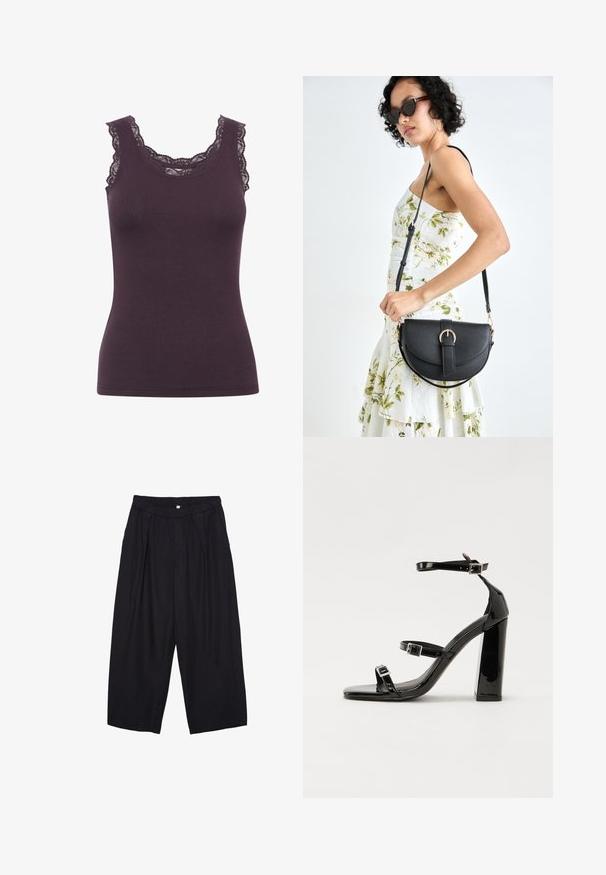 Donkerpaarse geribbelde tanktop met een ronde halslijn en ingewikkelde kantdetails langs de randen, met een getailleerd silhouet.; Zwarte polyester culottes met een elastische tailleband, twee voorkreukels en een losse pasvorm. Geen zichtbare patronen of hardware-details.; Zwarte gepatenteerde sandalen met hak en een vierkante neus, enkelbandjes en zilveren gespen. Heeft een stevige blokhak voor stabiliteit.; Zwarte leren handtas met een gebogen vorm, afneembare schouderband en gouden hardware. De tas heeft een klep met een gespsluiting.