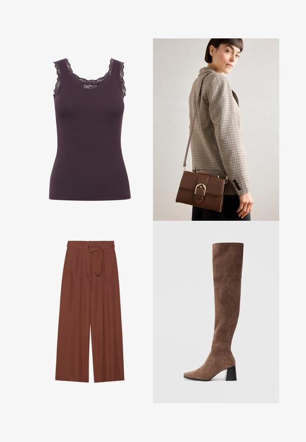 Top de culoare mov închis, din material cu dungi, cu decolteu rotund și detalii complexe din dantelă pe margini, având o siluetă ajustată.; Pantaloni evazați din țesătură maro, prevăzuți cu un curea cu cataramă pătrată, design pliat și textură netedă.; Botine maro, peste genunchi, din suede moale, cu vârful ascuțit și toc gros negru. Designul prezintă cusături fără sudură pentru un aspect elegant.; Geantă de umăr din piele maro cu o cataramă din metal auriu, formă rectangulară, textură netedă și curea detașabilă.