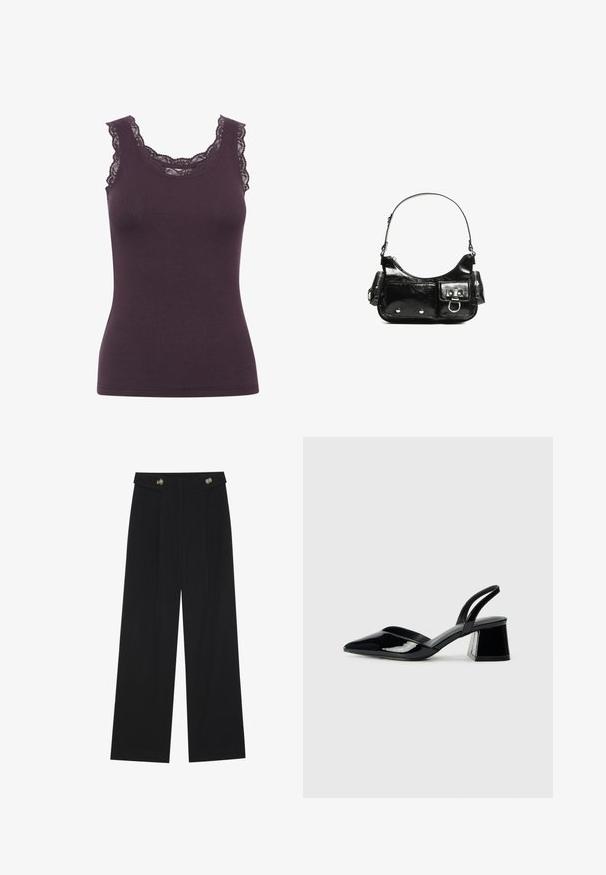 Tamno ljubičasti rebrasti top bez rukava s okruglim izrezom i složenim čipkastim detaljima duž rubova, koji ima uski kroj.; Crne hlače širokih nogavica s visokim strukom, s dugmadi na pojasu i prednjim nabora.; Crne lakirane kožne sandale s otvorenom petom i špicastim vrhom, s geometrijskom blok petom. Imaju elegantan, minimalistički dizajn i glatku teksturu.; Crna patentna kožna torba s zakrivljenim oblikom, jednim remenom za rame, prednjim džepovima i akcentima od srebrnog tona.