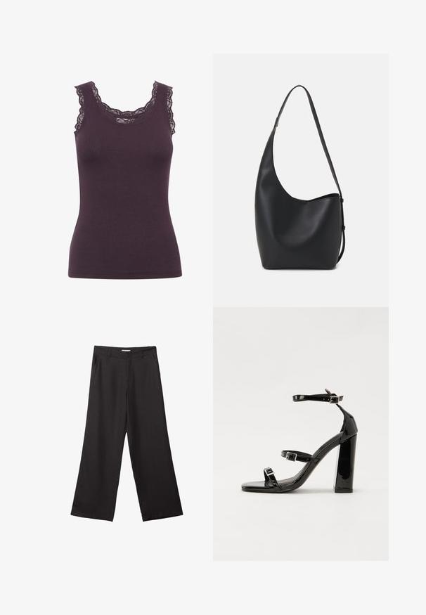 Ciemnofioletowy, prążkowany top na ramiączkach z okrągłym dekoltem i misternymi koronkowymi detalami wzdłuż krawędzi, o dopasowanym kroju.; Czarne spodnie z szerokimi nogawkami, wykonane z gładkiego materiału, z przednim zamkiem błyskawicznym i dwoma bocznymi kieszeniami, o dopasowanym kroju i minimalistycznym wzornictwie.; Czarne lakierowane sandały na obcasie z kwadratowym noskiem, z paskami wokół kostki i srebrnymi klamrami. Posiadają masywny słupek dla stabilności.; Czarna skórzana torba hobo o gładkiej fakturze, zaokrąglonym kształcie i pojedynczym, regulowanym pasku; posiada szerokie otwarcie na górze.