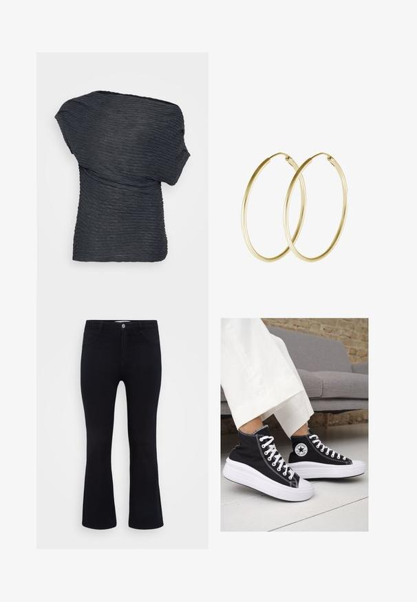 Czarna, teksturowana bluzka o drapowanej konstrukcji. Posiada faliste linie na całej powierzchni i asymetryczny dekolt, wykonana z lekkiego materiału.; ONLY Carmakoma CARTHUNDER czarny denim; Czarne trampki typu high-top z białą gumową podeszwą i sznurowadłami. Posiadają okrągłe logo z boku oraz kontrastujące białe szwy.; Złote kolczyki w formie obręczy z gładkim, zaokrąglonym wzornictwem o błyszczącym wykończeniu. Lekka konstrukcja z bezpiecznym zapięciem.