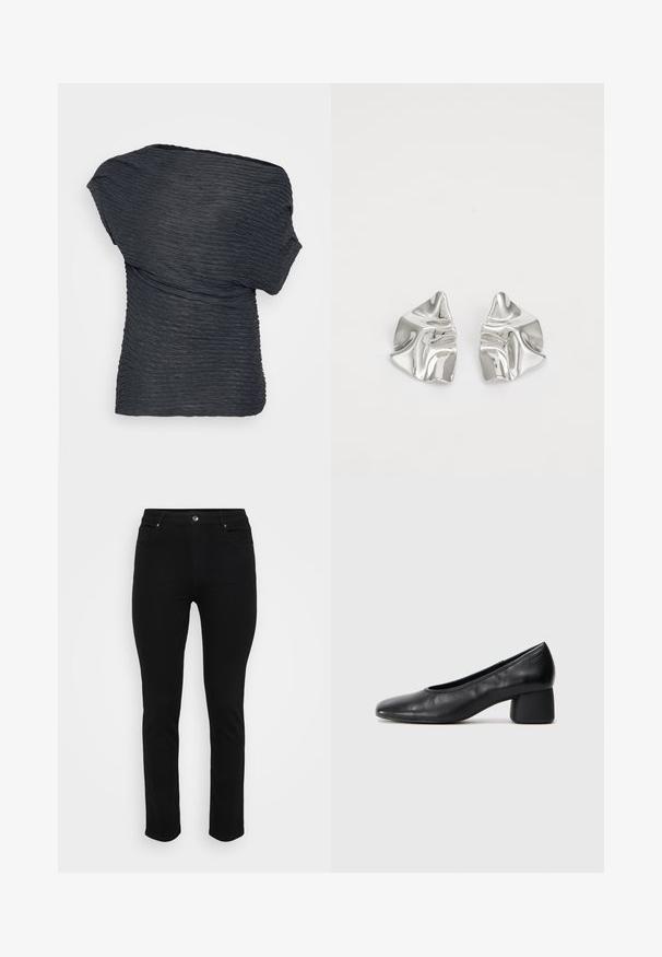 Black, textured top with a draped design. Features wavy lines throughout and an asymmetrical neckline, made from a lightweight material.; Black denim jeans with a slim fit, five-pocket design, front button closure, and slight stretch for comfort. Flat, smooth texture with minimal detailing.; Black leather pump with a rounded toe and mid-block heel. Smooth texture with minimal detailing, featuring a subtle elastic opening.; Silver metal earrings with a wavy, sculptural design featuring a polished finish and irregular shapes, highlighting a contemporary aesthetic.