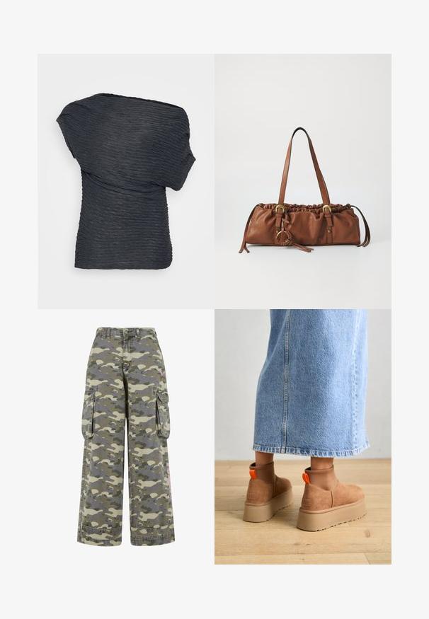 Top negru și texturat cu un design drapat. Prezintă linii ondulate pe toată suprafața și un decolteu asimetric, confecționat dintr-un material ușor.; Pantaloni cargo într-un model de camuflaj verde și bej, cu o croială lejeră, două buzunare laterale și un accent roz pe picior.; Botine maro din suede cu platformă, cu panouri elastice pe laterale și mânere portocalii, asortate cu o fustă din denim deschis până la genunchi, pe un podea din lemn.; Geantă de piele maro cu vârf strâns, curele reglabile și accente metalice. Prezintă un detaliu rotund împletit pe lateral.; Cercel din argint cu un finisaj polișat, având detalii mici din aur și o formă rotundă, purtat pe lobul urechii.