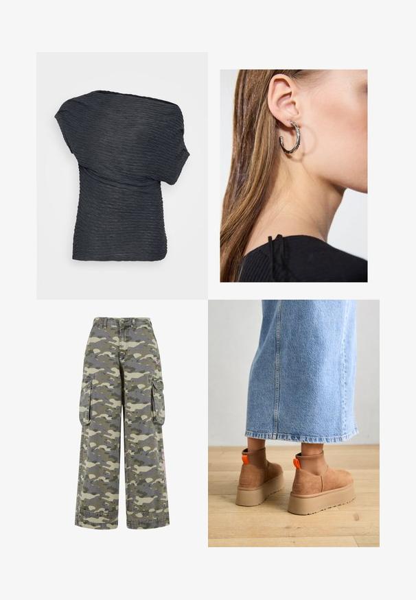Top nero e strutturato con un design drappeggiato. Presenta linee ondulate e un collo asimmetrico, realizzato in un materiale leggero.; Pantaloni cargo in un motivo camouflage verde e beige, caratterizzati da una vestibilità ampia, due tasche laterali e un accento rosa sulla gamba.; Stivali platform in suede marrone con pannelli laterali elastici e linguette arancioni, abbinati a una gonna di jeans chiara, lunga fino al ginocchio, su un pavimento di legno.; Orecchino a cerchio in argento con finitura lucida, caratterizzato da piccoli dettagli in oro e una forma tondeggiante, indossato sul lobo.