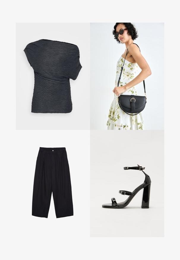 Musta, teksturoitu paita, jossa on laskostettu muotoilu. Sisältää aaltoilevia viivoja koko matkalta ja epäsymmetrisen pääntien, valmistettu kevyestä materiaalista.; Musta polyesterinen culotte-housut, jossa on joustava vyötärö, kaksi etupleettiä ja löysä siluetti. Ei näkyviä kuvioita tai metallisia yksityiskohtia.; Musta kiiltävä korkokenkä sandaalit neliönmuotoisella varpaalla, nilkkaremmillä ja hopeisilla soljilla. Varustettu tukevalla lohkokorkealla vakauden takaamiseksi.; Musta nahkainen käsilaukku, joka on kaareva muotoilultaan, irrotettavalla hihnalla ja kultaisilla yksityiskohdilla. Laukussa on läppä, jossa on solk yksityiskohta.