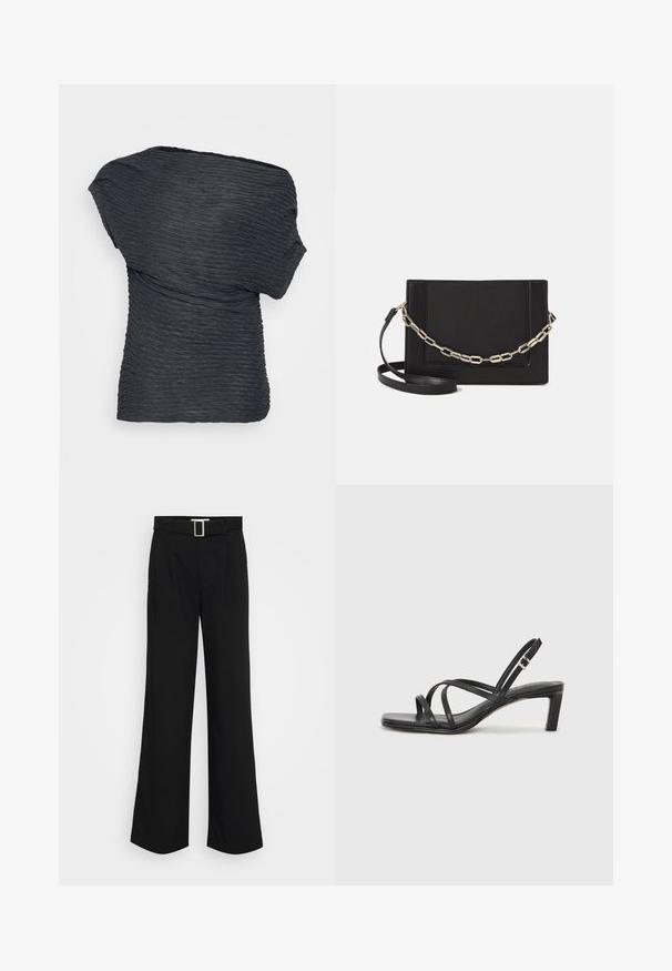 Top nero e strutturato con un design drappeggiato. Presenta linee ondulate e un collo asimmetrico, realizzato in un materiale leggero.; Pantaloni neri a gamba larga realizzati in tessuto leggero, caratterizzati da una texture liscia, pieghe frontali e una cintura con fibbia metallica quadrata.; Sandalo nero con cinturini, dalla punta squadrata e tacco basso a blocco. Presenta diversi cinturini sottili e una cinturini regolabile alla caviglia. Realizzato in pelle liscia.; Borsa a tracolla nera in pelle con una texture liscia, forma rettangolare e dettaglio in catena metallica sul davanti. Inclusa una tracolla regolabile.