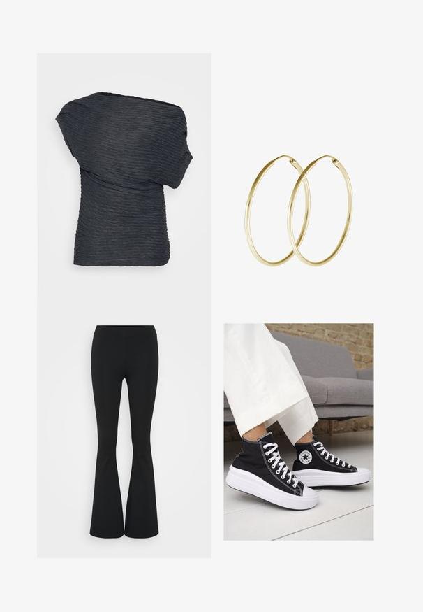Top negro texturizado con un diseño drapeado. Presenta líneas onduladas en todo su alrededor y un escote asimétrico, hecho de un material ligero.; Pantalones negros de campana hechos de una tela elástica, con una cintura alta y una textura suave. Los pantalones se ensanchan desde la rodilla.; Zapatillas altas de lona negra con suelas y cordones de goma blanca. Presentan un logo circular en el lateral y costuras blancas en contraste.; Pendientes de aro de oro con un diseño suave y redondeado y un acabado brillante. Construcción ligera con un cierre de broche seguro.