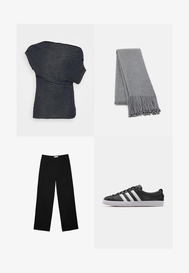 Black, textured top with a draped design. Features wavy lines throughout and an asymmetrical neckline, made from a lightweight material.; Wide-leg trousers in black fabric, featuring a smooth texture, clean design, and a discreet side zipper for closure.; Black leather sneaker with white three-stripe design, rounded toe, flat white rubber sole, and branded detail on the side.; Gray wool scarf with a soft texture, featuring fringed edges and a simple design. Folded neatly, showcasing its elongated shape.