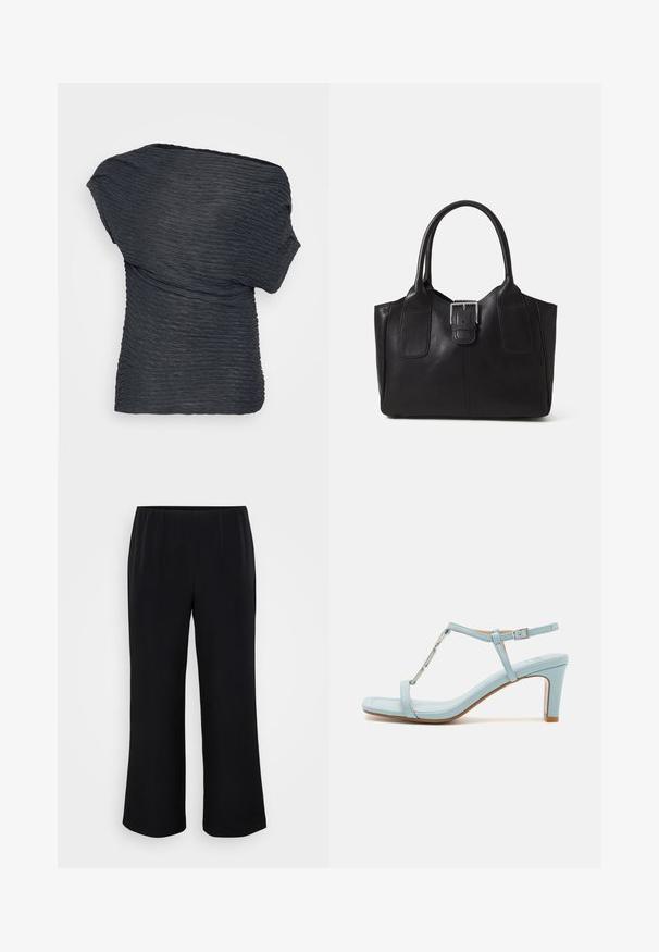 Crna, teksturirana majica s drapiranim dizajnom. Ima valovite linije i asimetrični izrez, izrađena od laganog materijala.; Crne široke hlače od glatkog materijala s elastičnom trakom. Jednostavan dizajn, bez uzoraka ili vidljivih metalnih dijelova.; Svijetloplave sandale na visokoj peti s remenčićem oko gležnja, s kvadratnim vrhom, koje imaju metalni detalj i elegantnu, glatku kožnu teksturu.; Crna kožna torba za nošenje s glatkom teksturom, strukturiranim oblikom, dvije ručke i istaknutim srebrnim kopčanjem na prednjoj strani.