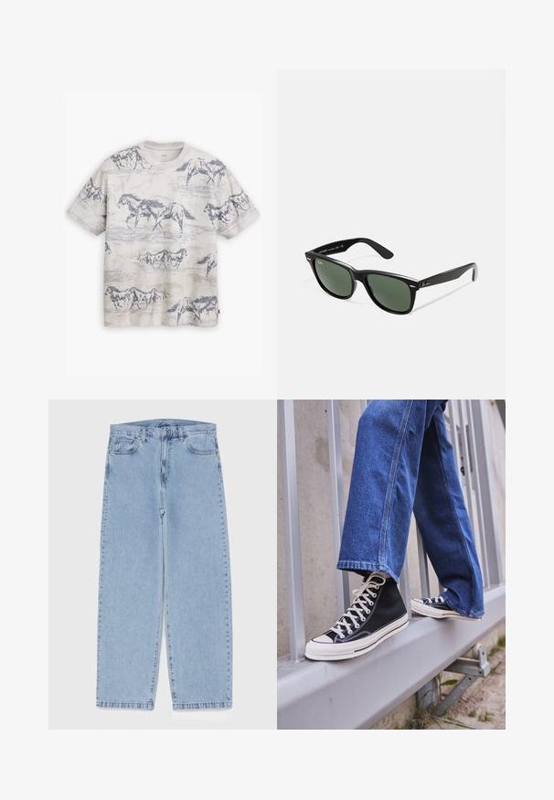 Levi's® VINTAGE TEE - T-shirt básica - white onyx; Jeans de denim azul claro com design de perna reta, apresentando uma cintura de altura média, cinco bolsos e um fecho de botão e zíper.; Ténis altos pretos com sola e atacadores brancos, combinados com jeans azul desgastado, repousando sobre um corrimão cinza.; Óculos de sol de plástico preto com lentes verdes, armações quadradas, detalhe prateado na sobrancelha e hastes texturizadas. Marca indicada na parte interna da haste.