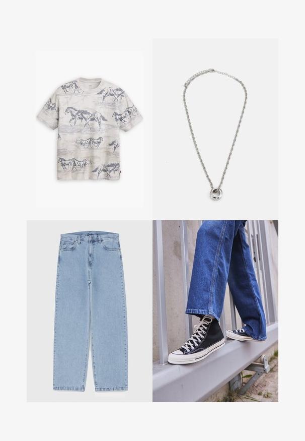 Levi's® - T-shirt basic; Jasnoniebieskie dżinsy o prostym kroju nogawki, z średnim stanem, pięcioma kieszeniami oraz zapięciem na guzik i zamek błyskawiczny.; Czarne sneakersy za kostkę z białą podeszwą i sznurówkami, w połączeniu z luźnymi niebieskimi dżinsami, opierające się na szarym balustradzie.; Srebrny naszyjnik z metalowym wykończeniem, charakteryzujący się skręconym łańcuchem i okrągłym wisiorkiem o wypolerowanej powierzchni.