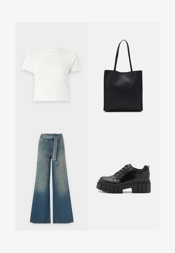 Camiseta corta blanca de algodón con mangas cortas, cuello redondo y dobladillo recto, con una textura suave y un diseño minimalista.; Pantalones de mezclilla de pierna ancha con un degradado de azul claro a oscuro, cintura alta, trabillas para cinturón y un cinturón de tela a juego. Acabado de mezclilla texturizada.; Zapatos de plataforma de cuero negro con un tacón cuadrado grueso, punta redonda y diseño tradicional de cordones. Presenta una textura suave y un detalle minimalista.; Bolso tote de cuero negro con textura lisa, forma rectangular y dos asas largas. Sin herrajes ni adornos visibles.