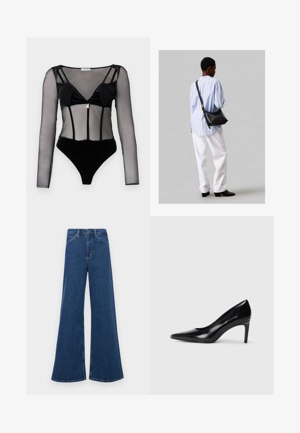 Sort bodysuit med lange gennemsigtige meshærmer, fløjlsagtig overdel, dyb V-udskæring og en dekorativ hardwaredetalje i midten.; Blå denim flared jeans med høj talje, der har fem lommer, lukning med knap og kontrastsyninger på sømmene.; Sort læder højhælede sko med spids tå, glat tekstur og en taperet hæl. Minimalistisk design uden yderligere udsmykninger.; Sort læder skuldertaske med en blød tekstur, trekantet form og justerbar strop, kombineret med en lyseblå stribet skjorte og hvide bukser.