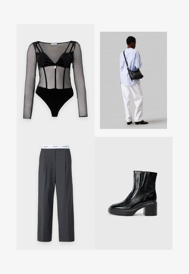 Juodas bodis su ilgomis permatomomis tinklinėmis rankovėmis, aksominiu liemeniu, giliu V formos iškirpimu ir dekoratyviu aksesuaru centre.; Pilki plačiakojai kelnių iš lygios medžiagos, su priekinėmis klostėmis ir balta juosta su Calvin Klein logotipu.; Juodi lakiniai auliniai batai iki kulkšnies, su išlenktu pirštu, elastinėmis šoninėmis panelėmis ir masyviu blokuotu kulnu. Apdailoje užpakalinėje dalyje įspaustas logotipas.; Juodas odinis petinis krepšys su minkšta tekstūra, trikampiu pavidalu ir reguliuojama juosta, derinamas su šviesiai mėlynu dryžuotu marškinėliu ir baltais džinsais.