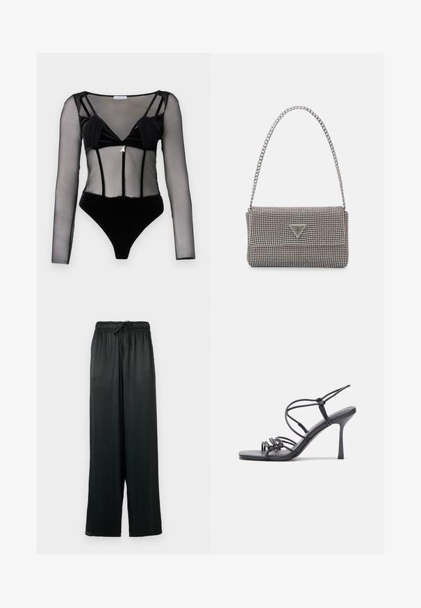 Melnā bodijs ar garām caurspīdīgām acu piedurknēm, samtainu augšdaļu, dziļu V veida kakla izgriezumu un dekoratīvu metāla akcentu centrā.; Melnas platlegu bikses, izgatavotas no gludas auduma, ar elastīgu jostasvīru un auklu. Vienkāršs, minimālistisks dizains.; Melnas augstpapēžu sandales ar plāniem siksniņām un mezgla dizainu, gluda kvadrātveida purngalu un elegantu stiletto papēdi.; Gaiši pelēka metāla rokassoma ar ķēdes siksnu, rotāta ar mazām apaļām metāla kniedēm un trīsstūra zīmola logo.; Sudraba riņķveida auskari ar gludu, spīdīgu apdari. Apaļas formas, viegla dizaina, ar aizdari uz stieples.