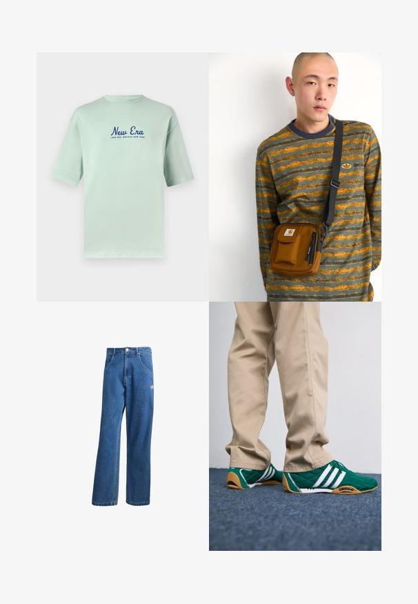 Tirkiznozelena pamučna majica kratkih rukava s tamnoplavim natpisom "New Era" i natpisom "Lake Erie, Buffalo, New York" ispod.; Plave farmerke visokog struka sa širokim nogavicama, prednjim džepovima, petljama za remen, zatvaranjem na dugme i malim Adidas logotipom na desnom bedrima.; Zelene kvadrate tenisice s bijelim prugama i smešim gumenim potplatima, uparene s bež hlačama. Dizajn se odlikuje niskim profilom i teksturiranim materijalom.; Smeđi platneni crossbody torba sa zatvaračem i prednjim džepom; nosi se preko sivo-narančaste prugaste košulje dugih rukava s logotipom.