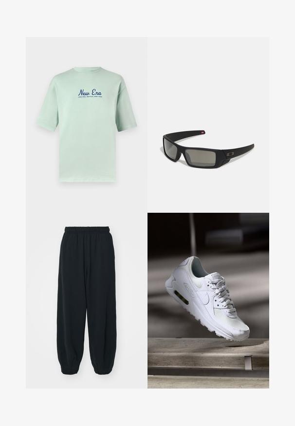 T-shirt de algodão verde menta com mangas curtas, apresentando texto em azul marinho "New Era" e "Lake Erie, Buffalo, New York" impresso por baixo.; Calças de fato de treino pretas, com cintura elástica e um corte solto, com punhos nas pernas, textura suave e sem padrões visíveis ou detalhes de metal.; Sapatilha Nike Air Max 90 branca com parte superior em malha e couro, caixa de dedos perfurada e uma unidade de ar visível no calcanhar.; Óculos de sol pretos com acabamento mate, lentes retangulares, leve curvatura nas hastes, detalhe sutil do logo e lentes de cor fumada.