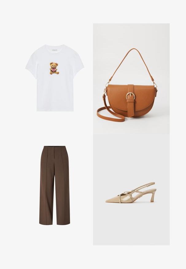 Even&Odd T-shirts print - white; Brune højtaljede vide bukser med frontfaltet og en skjult lynlås lukning foran.; Beige patenteret læder slingback hæle med spids tå, justerbare stropper og en 6 cm blokhæl. Inkluderer dekorative sølv accenter.; Brun læder crossbody taske med en buet form, guldfarvet hardware og en spændeaccent. Har en aftagelig skulderrem.