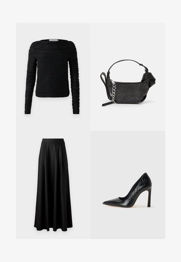 Chemise noire à manches longues avec un design texturé et froncé. Présente un col rond et une silhouette ajustée avec des détails élastiques.; Jupe longue noire avec une texture lisse, une taille large et un design plissé, sans motifs ni embellissements visibles.; Escarpin noir à bout pointu avec texture en cuir de crocodile, présentant un design élégant, un haut talon aiguille et un intérieur noir lisse.; Sac à main noir avec des embellissements cloutés, une bandoulière en chaîne et une poignée en cuir lisse, de forme arrondie et avec un compartiment zippé.