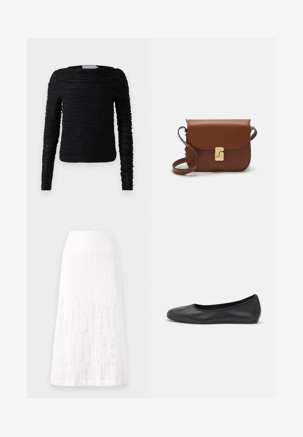 Black long-sleeve shirt with a textured, gathered design. Features a crew neckline and a fitted silhouette with elasticized detailing.; Knit white midi skirt featuring a textured pattern with vertical lines and cut-out details near the hem. Elastic waistband. Soft material.; Black leather ballet flat with a rounded toe, smooth texture, minimal stitching detail, and a flexible sole design.; Brown leather handbag with a flap closure, gold-tone hardware, a shoulder strap, and a smooth texture. Compact rectangular shape.