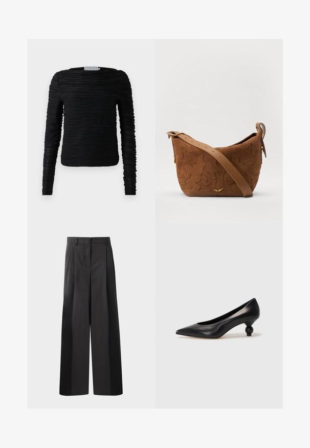 Schwarzes Langarmshirt mit gewelltem, strukturiertem Design. Verfügt über einen Rundhalsausschnitt und eine figurnahe Silhouette mit elastischen Details.; Schwarze, weit geschnittene Hose mit hoher Taille, versehen mit Frontfalten, einer glatten Textur und einem maßgeschneiderten Finish. Entworfen für eine lockere Passform.; Schwarze Leder-Pumps mit spitzem Zehenbereich und runder, ballförmiger Ferse. Glatte Textur mit einem eleganten, minimalistischen Design.; Braune Wildleder-Schultertasche mit geprägtem floralen Design, ergänzt durch einen glatten braunen Ledertrageriemen und goldfarbenen Hardware-Akzenten.; Weekend Max Mara SENAPE - Fingerhandschuh - nero