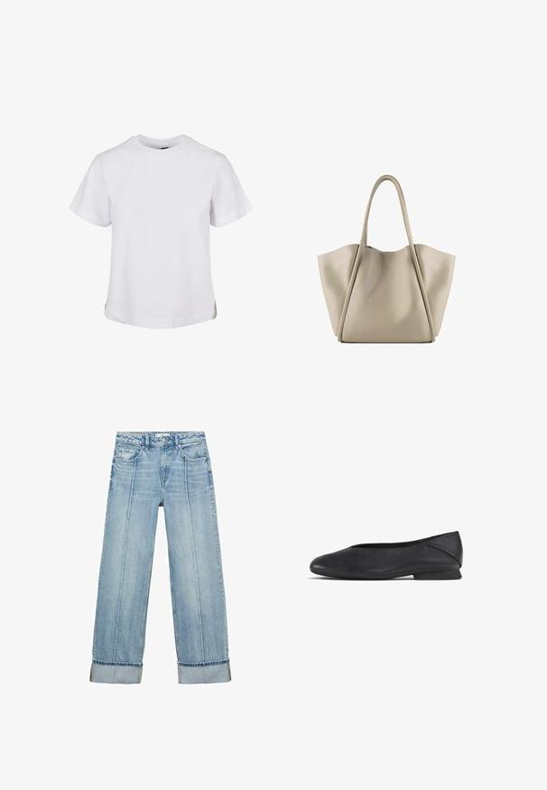 Urban Classics BOXY TEE - Tricou basic - white; Jeans din denim bleu deschis, cu croi larg și talie înaltă, având cinci buzunare, cusături vizibile și margini răsucite la manșete.; Pantofii din piele neagră, cu vârf rotunjit și toc mic, sunt concepuți pentru a fi purtați în stil casual sau elegant.; Geantă tote din piele bej, cu un design spațios și structurat. Dispune de două mânere lungi și detalii subtile de cusătură; fără elemente de fixare vizibile.