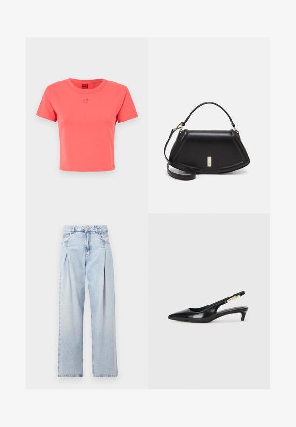 Tricou din bumbac de culoare corai cu guler rotund, mâneci scurte și logo-ul brodat "HU GO" pe față. Design simplu și ajustat.; Jeans din denim albastru deschis cu talie înaltă, croială evazată, două buzunare laterale și un design pliat. Textură moale cu un finisaj decolorat.; Sandale slingback din piele neagră cu vârf ascuțit, având un toc subțire și un accent de culoare aurie pe curea ajustabilă. Textură netedă.; Geantă de umăr din piele neagră, cu un design structurat, având o formă tăiată, mânere superioare și accente din aur. Include o curea de umăr ajustabilă.