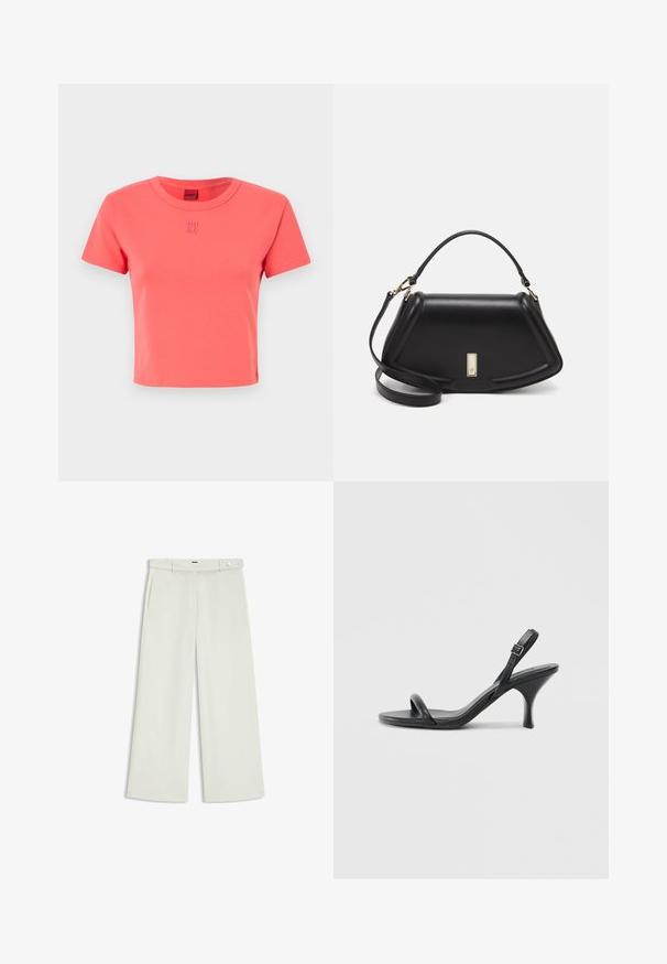 Coral pink cotton t-shirt with a round neckline, short sleeves, and an embroidered "HU GO" logo on the front. Simple, fitted design.; Wide-leg pants in light cream fabric, featuring side pockets, a flat front, and a single button closure at the waist. Smooth texture.; Black leather high-heeled sandals with a slim, curved heel and a crossed strap design. Adjustable ankle strap. Smooth texture.; Black leather handbag with a structured design, featuring a cropped shape, top handle, and gold hardware accent. Adjustable shoulder strap included.