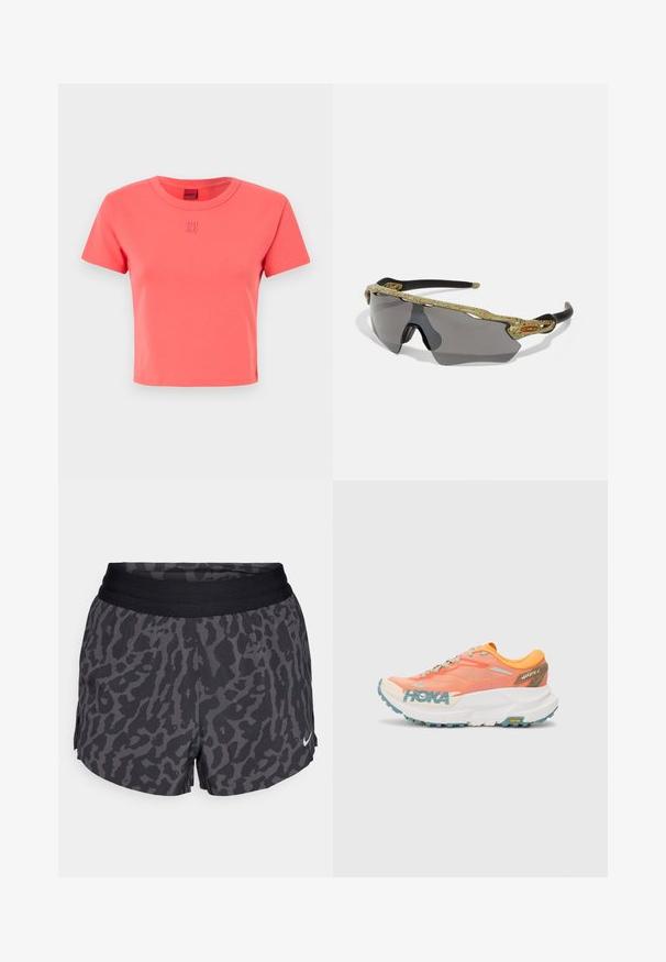 Coral pink cotton t-shirt with a round neckline, short sleeves, and an embroidered "HU GO" logo on the front. Simple, fitted design.; Black and gray leopard print shorts with a wide elastic waistband, featuring a subtle sheen and a small white Nike logo on the lower right.; Orange and pink running shoe with mesh upper, white midsole, Vibram outsole, and light blue accents. Features HOKA branding on the side.; Sport sunglasses with a green patterned frame, black arms, and gray lenses. The design features a wraparound style with a bold, sporty shape.