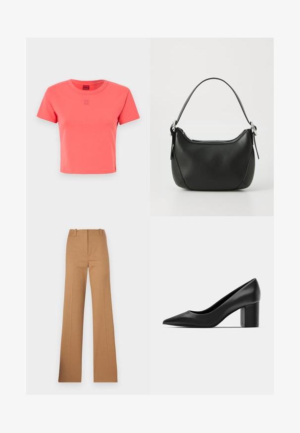 Koral pink bomulls t-skjorte med rund hals, korte ermer, og brodert "HU GO" logo på forsiden. Enkelt, tettsittende design.; HUGO HULANA - Chinos - open brown; Sorte lærpumper med spiss tå og kraftig kvadratisk hæl. Glatt tekstur, enkelt design, passende for formelle anledninger.; Svart skinnveske med en buet form, sølv glidelås og kort håndtak. Har en subtil logo på forsiden og glatt tekstur.