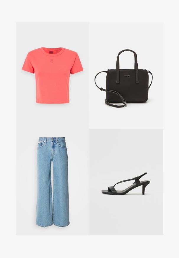 Korálovo ružové bavlnené tričko s okrúhlym výstrihom, krátkymi rukávmi a vyšívaným logom "HU GO" na prednej strane. Jednoduchý, priliehavý dizajn.; Svetlomodré široké rifle vyrobené z denimu, s vysokým pásom, päticou vreciek a jemným vyblednutím na látke.; Čierne sandále na podpätku so štíhlym dizajnom popruhov, štvorcovou špičkou a stredne vysokým blokovým podpätkom. Vyrobené z hladkej kože s matným povrchom.; Čierna kabelka s dvojitými krátkymi rúčkami a odnímateľným ramenným popruhom. Hladký materiál podobný koži s uzatváraním na zips a detailom loga.