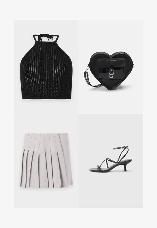 Črn top na halter, izdelan iz teksturirane tkanine, ki vsebuje vertikalne črte in izrezane detajle, z nastavljivimi vezicami okoli vratu.; Siva plisirana krila z gladko teksturo, ki ima več navpičnih gub in prilegajoč pas. Narejena iz lahkega materiala.; Črne sandale na peto z tankimi trakovi, odprto zasnovo na prstih in majhno, rahel okrogel peto. Material se zdi gladek in sijoč.; Črna torbica v obliki srca, izdelana iz lakirane usnje, s sprednjim žepom, ki se zapira z zaponko, in snemljivim trakom. Srebrni dodatki.