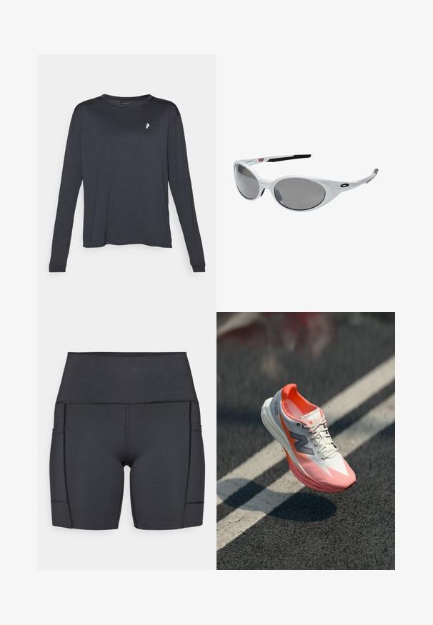 Dark long-sleeve T-shirt made of textured fabric, featuring a round neckline and a small white logo on the left chest area.; Black high-waisted shorts made of stretchy fabric, featuring side pockets, flat seams, and a smooth texture for comfort during activities.; Running shoe with a white and pink upper, featuring a mesh texture, reflective accents, and a cushioned sole. Lightweight design for performance.; White plastic sunglasses with large oval lenses, gray tinted. Features black ear grips and a small logo on the frame. Smooth finish.