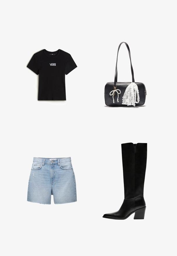 Vans CAMERON - T-paita - black; Vaaleansiniset denim-shortsit, joissa on repaleiset lahkeet, viisi taskua ja nappisuljenta. Kankaan väri on haalistunut ja siinä on lievää kulutusta.; Mustat polvimittaiset saappaat, jotka on valmistettu sileästä nahasta. Saappaissa on terävä kärki, tukevat korko ja V-muotoinen leikkaus ylhäällä.; Even&Odd Käsilaukku - black