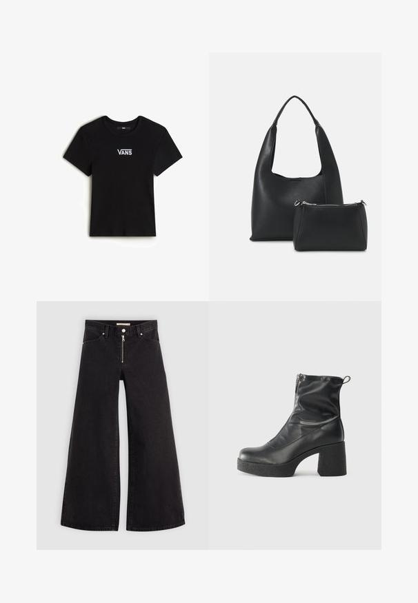 Vans CAMERON - Triko s potiskem - black; Džíny s širokými nohavicemi v černém denimovém provedení se zipem vpředu, pěti kapsami a jemnými švy. Hladká textura a ležérní styl.; Černé kotníkové boty vyrobené z hladké kůže, s bočním zipem, robustním strukturovaným podpatkem a kulatou špičkou.; Even&Odd SET - Kabelka - black