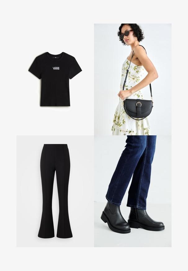 Vans CAMERON - Basic T-shirt - black; Black flared pants made from stretchy fabric, featuring a smooth texture, high waist, and seam detailing along the front.; Black leather ankle boots with a chunky sole and side elastic panels, paired with dark blue jeans. The ground is light-colored.; Black leather handbag with a curved shape, detachable strap, and gold hardware. The bag features a flap with a buckle detail.
