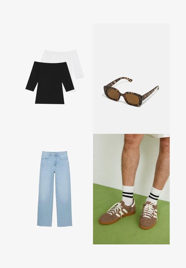 Kaksi olkaimetonta toppia: yksi musta ja yksi valkoinen, joissa on kolmanneksen pituiset hihat, valmistettu pehmeästä puuvillasta, jossa on sileä pinta.; Vaaleansiniset leveät farkut, joissa on korkea vyötärö, suora leikkaus ja viisi taskua puhtaalla helmallaan.; Ruske nahkate sneakerit valkoisilla korostuksilla ja nauhoilla. Kumi-gumipohja. Yhdistetty valkoisiin sukkiin, joissa on mustia raitoja. Vihreä teksturoitu lattia.; Kaurisilmät, joissa on pyöreä, jämäkkä kehys ja ruskeat linssit. Ominaisuuksiin kuuluvat hillityt kuviot sekä suorat, kapenevat sangan osat.; Zign LEATHER - Shopping bag - light brown