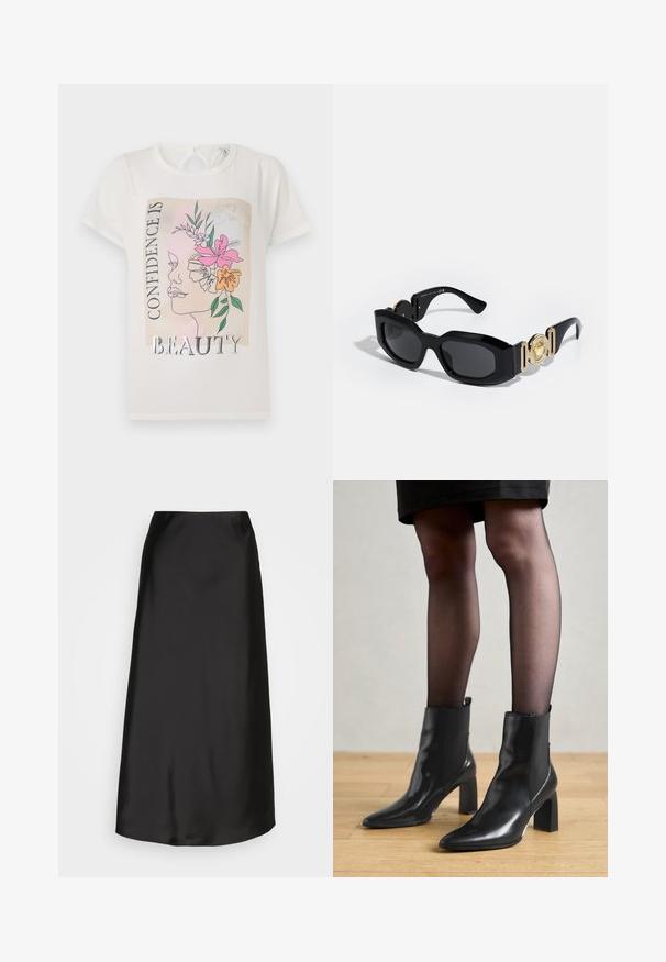 Hvit T-skjorte med grafisk design av et ansikt prydet med blomster og teksten "SELVSIKKERHET ER SKJØNNHET." Korte ermer, rund hals.; Svart sateng midi skjørt med en glatt tekstur, A-linjeform og en subtil glans. Har et elegant, ukomplisert design uten pynt.; Sorte ankelstøvler i skinn med spiss tå, chunky firkantet hæl, og slank design. Har elastiske sidede paneler for enkel påføring.; Sorte solbriller med en kraftig ramme, som har detaljer i gull og logo på stengene. Linsene er mørke og rektangulære.