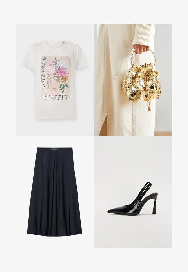 T-shirt blanc avec un design graphique représentant un visage orné de fleurs et le texte "LA CONFIANCE EST LA BEAUTÉ". Manches courtes, col rond.; Jupe noire, arrivant aux genoux, en tissu léger avec un design fluide. Présente une texture lisse et de subtils plis pour un détail supplémentaire.; Escarpin en cuir verni noir à talon aiguille, à bout pointu, avec une sangle élastique double pour un maintien sécurisé. Surface lisse et brillante.; Sac à main en sequins dorés avec cordon de serrage et poignée circulaire, présentant des sequins ronds brillants et un tissu texturé. Les dimensions ne sont pas fournies.
